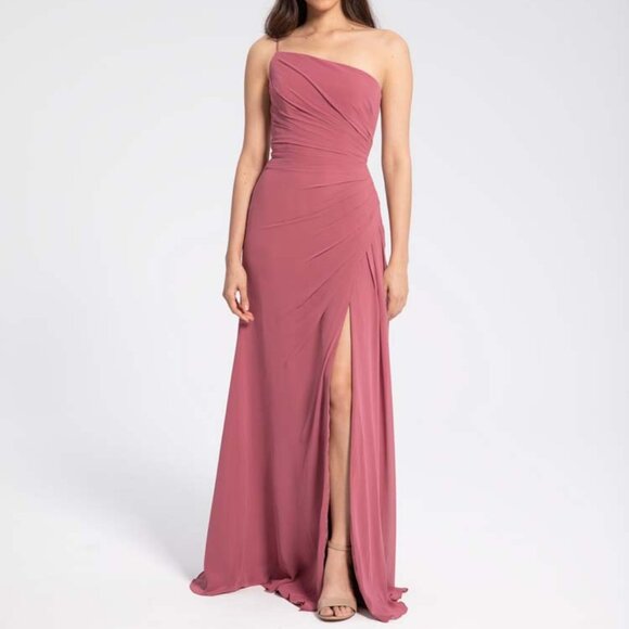 Hayley Paige Occasions Pink Asymmetrical Ruched Gown - Picture 1 of 6